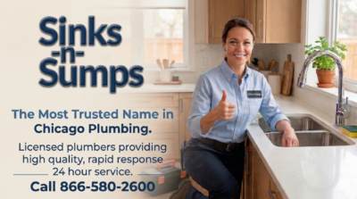 Licensed plumber giving a thumbs up beside an kitchen sink, promoting Chicago plumbing services.