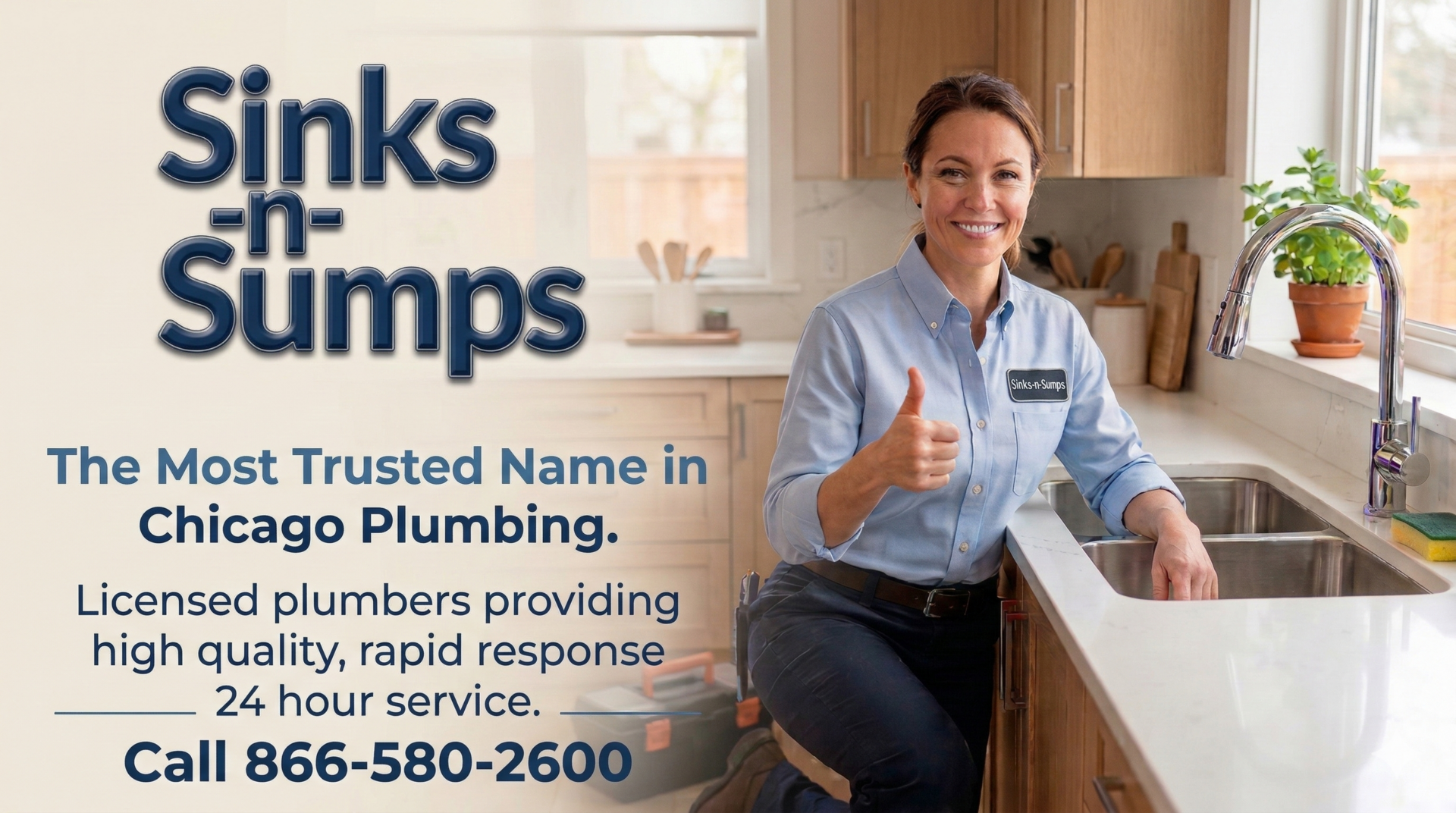 Licensed plumber giving a thumbs up beside a kitchen sink, promoting Chicago plumbing services.