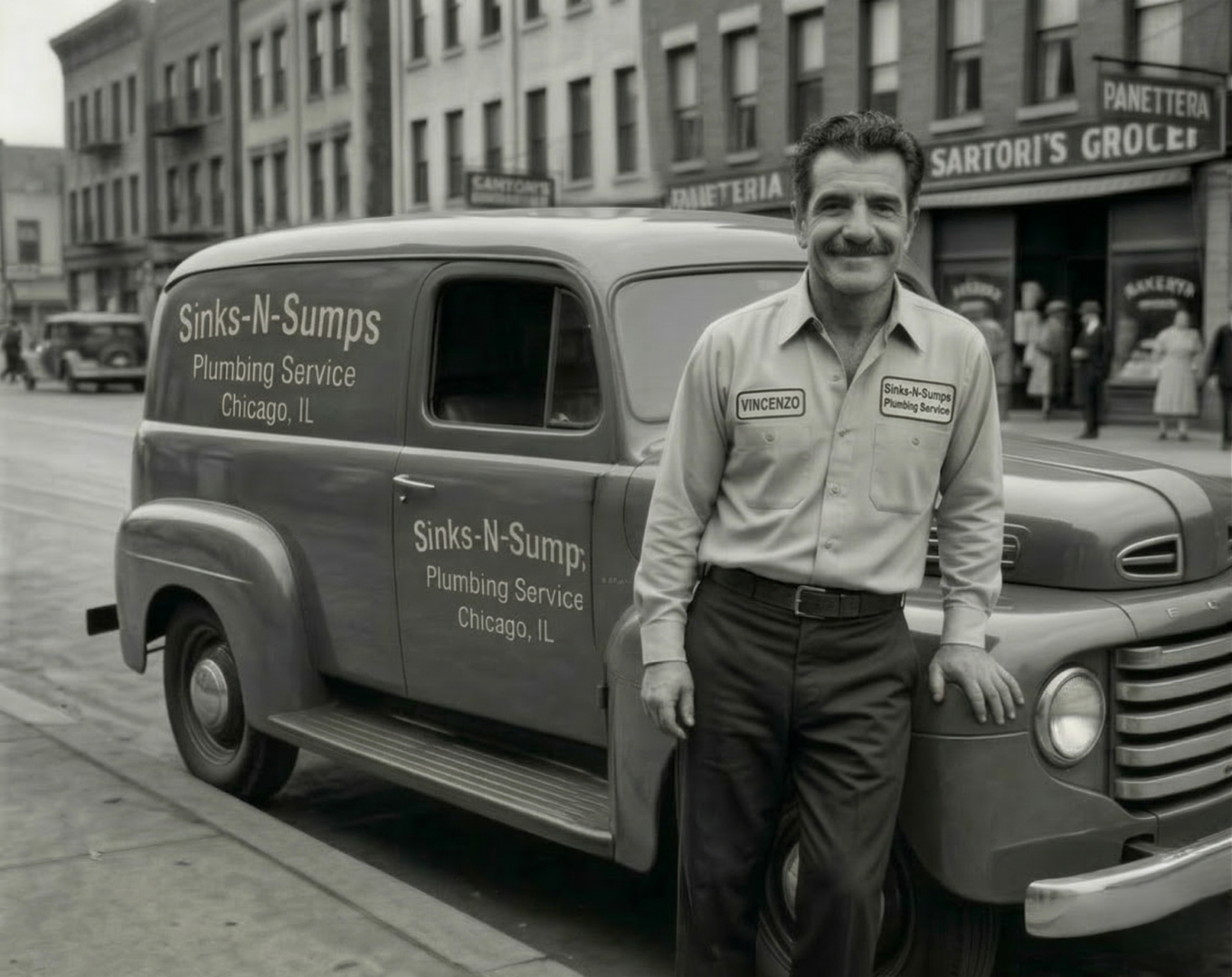 Man standing beside plumbing service van.